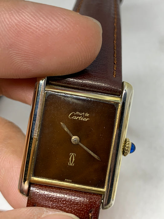 Vintage Manual Winding 1970's Must De Cartier Tank Vermeil Tortoise Dial